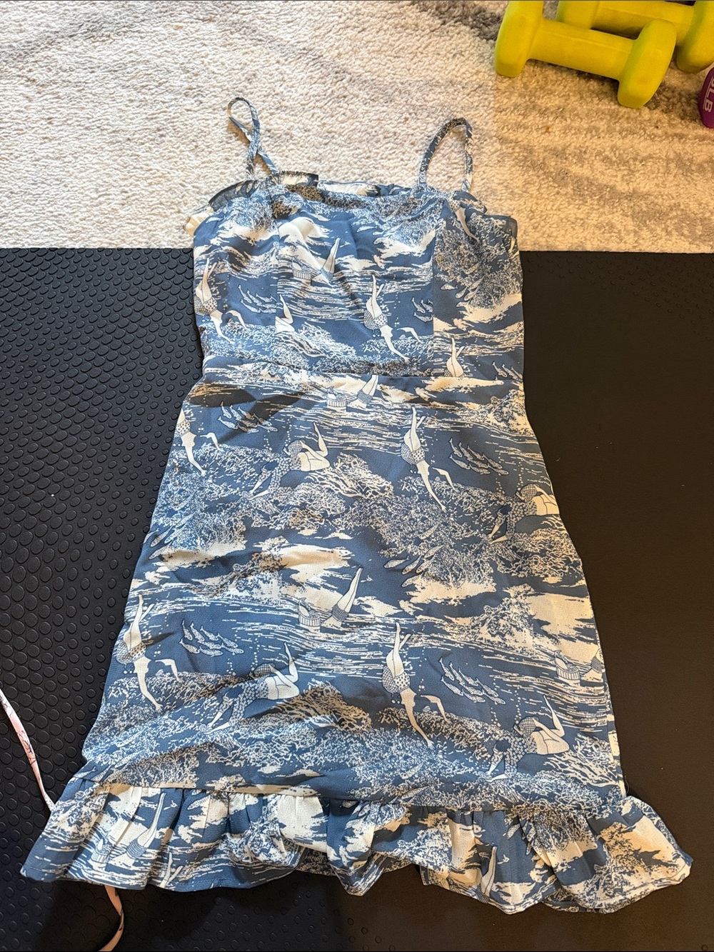 Blue and White Print Spaghetti Strap Ruffle Dress